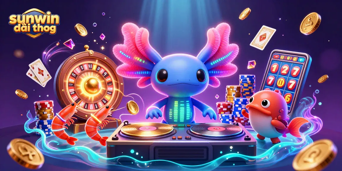 Experience sunwin đổi thưởng with vibrant casino action featuring a DJ axolotl, shrimp dancers, and colorful slot machine elements.