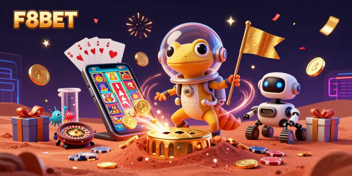 F8BET unleashes thrilling actions in a vibrant casino scene filled with gold coins and dynamic game elements.