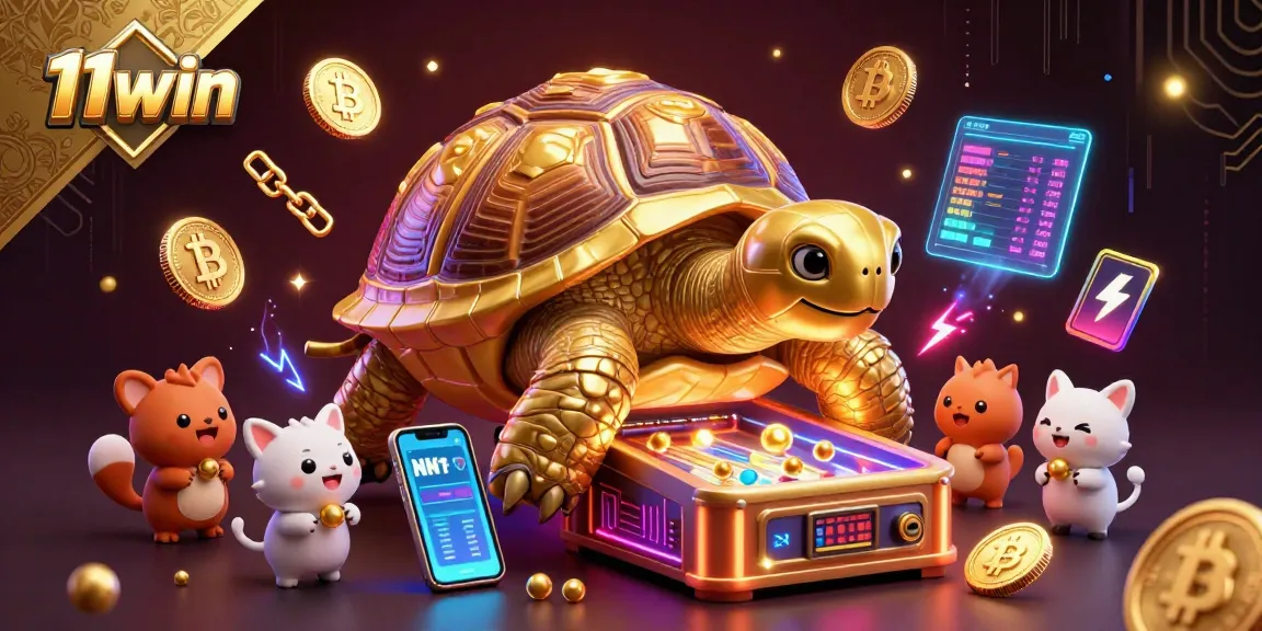 Play at 11win casino with a vibrant 3D illustration of a golden tortoise pinball machine surrounded by crypto elements.
