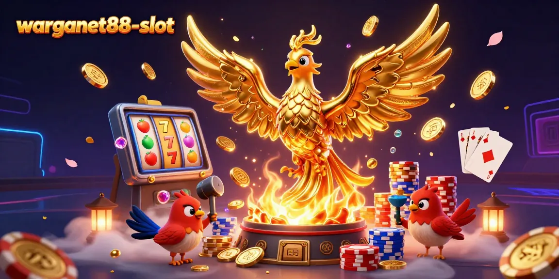 Experience the vibrant excitement of warganet88-slot with dynamic slot reels, cascading coins, and a golden phoenix.