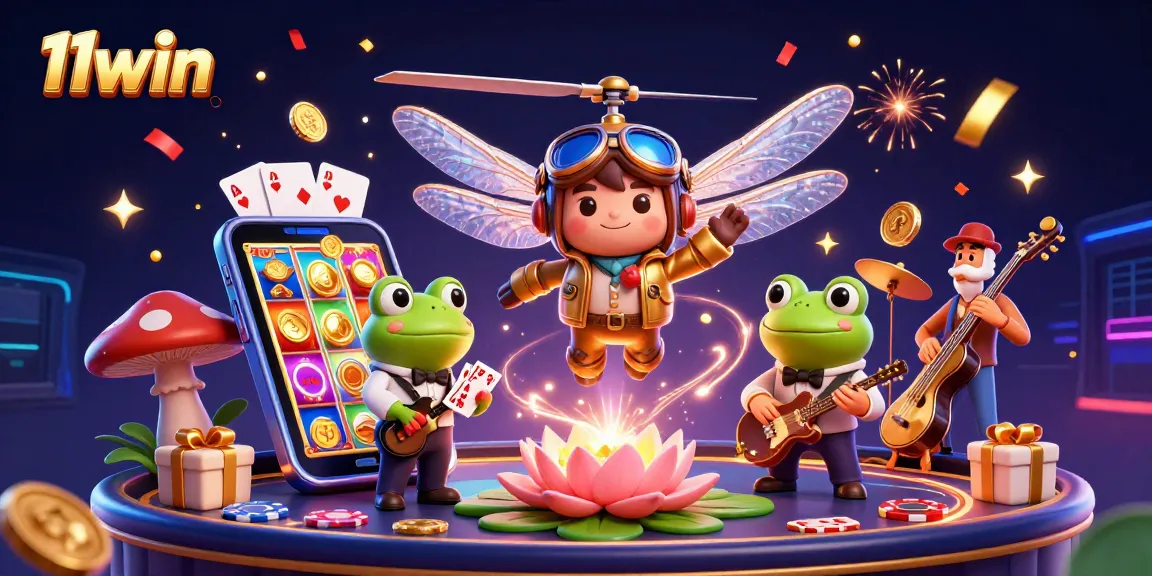 Experience exciting wins at 11win with vibrant 3D casino illustration featuring cartoon characters and games.