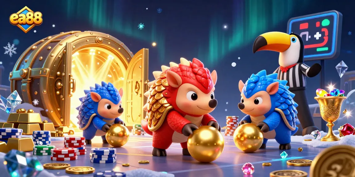 ea88 engages in exciting casino gameplay with pangolins rolling golden balls through poker chips.