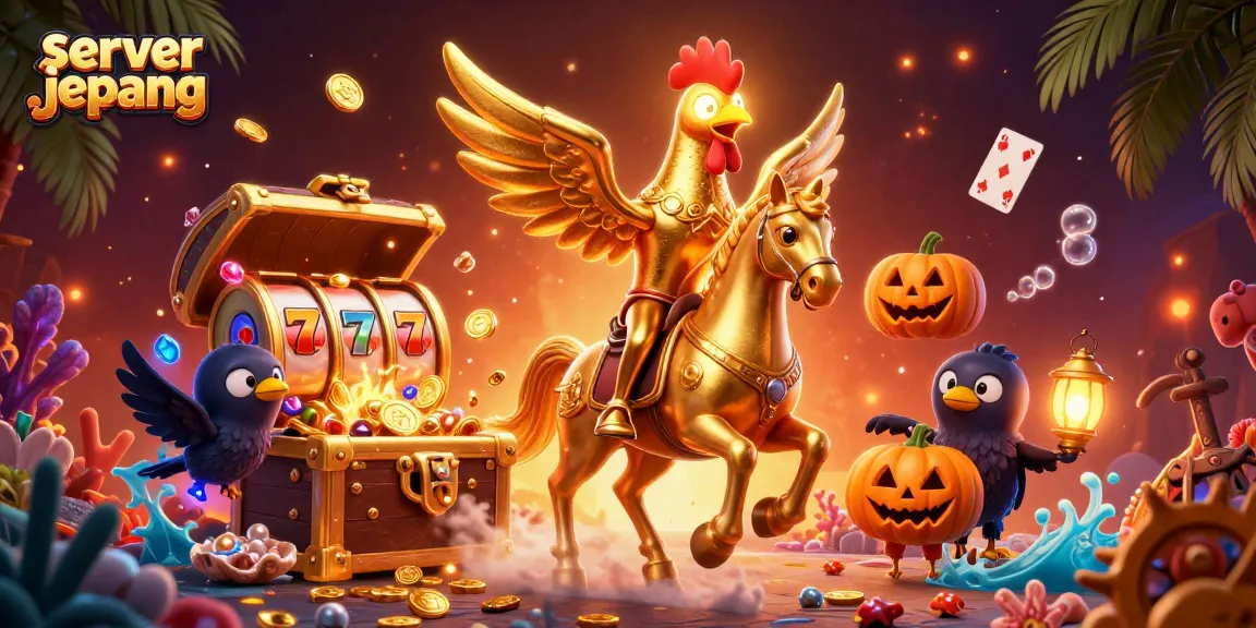 Experience server jepang thrills in a lively casino scene with spinning slot reels and gold treasures.