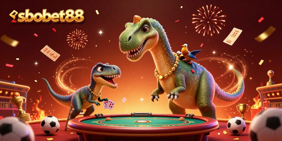 Engage with sbobet88 in a vibrant casino scene featuring a playful dinosaur and sports betting elements.